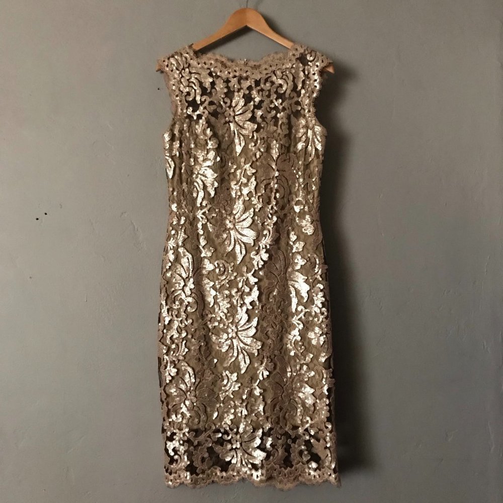 Tadashi Shoji Gold Sequin Embroidered Sheath Dress size 10